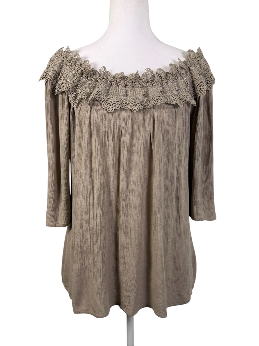 I.N. Studio  Off-Shoulder Crochet Trim Tunic Top - Taupe Size M Boho Chic